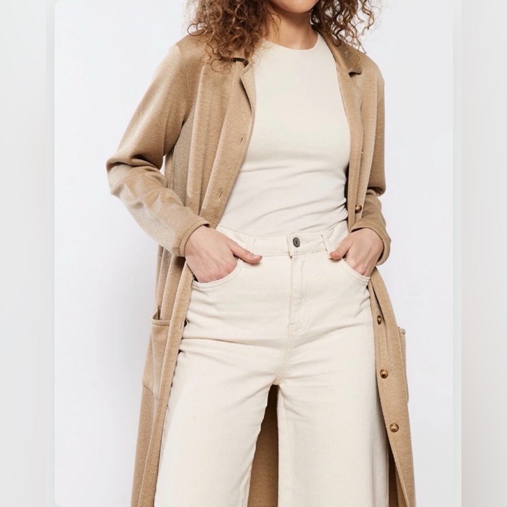 VTG Salvatore Ferragamo 100% Cotton Knit Duster Cardigan Coatigan Beige Size L